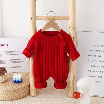 Toddler Baby Clothes Cable Romper 0-24M Newborn Boys Girls Warm Knitted Onesie Elastic Cuff Button Side Autumn Casual Jumpsuit