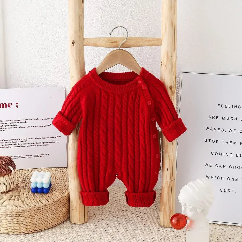 Toddler Baby Clothes Cable Romper 0-24M Newborn Boys Girls Warm Knitted Onesie Elastic Cuff Button Side Autumn Casual Jumpsuit