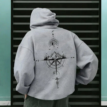 Vintage Compass Print Hoodies for Men High Quality Hooded Long Sleeve Pullover All Season Daily Casual Sports Tops Men's Clothes