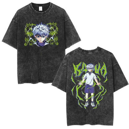 Anime Hunter X Hunter Logo Vintage Washed T Shirt Killua Gon Cherry Blossom Graphic T-shirt Men Fashion Casual Oversized Tshirt
