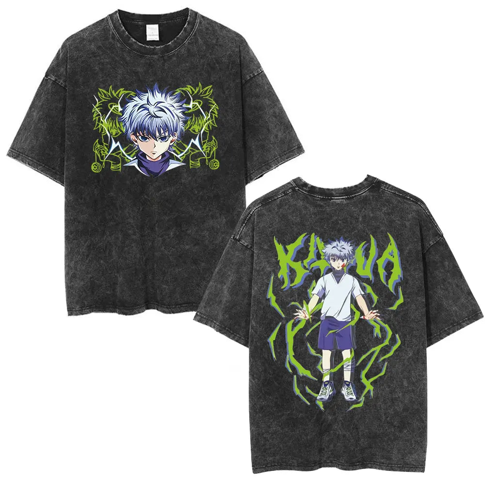 Anime Hunter X Hunter Logo Vintage Washed T Shirt Killua Gon Cherry Blossom Graphic T-shirt Men Fashion Casual Oversized Tshirt