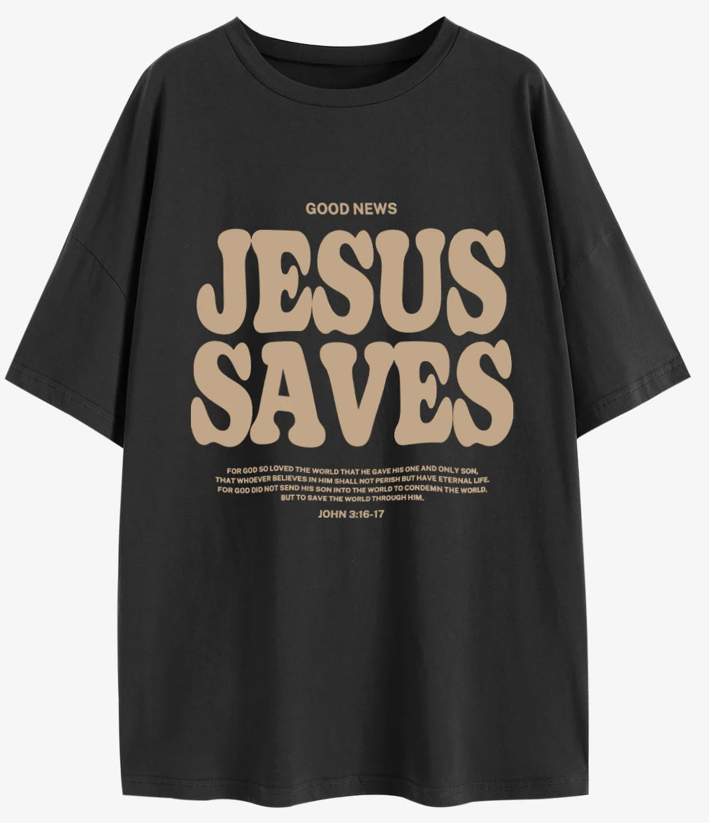 Good News Jesus Saves for God Oversized T-Shirt Jesus Apparel Christian Loose Tee Women Trendy Casual Cotton Aesthetic Top