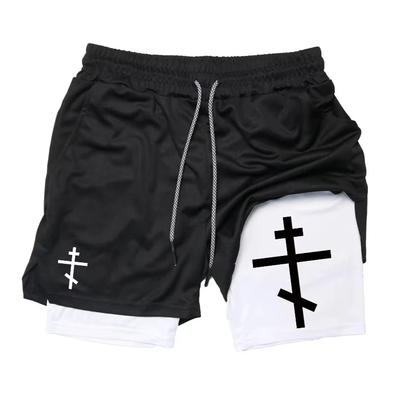 Summer New Shorts Man Cross Bible Print Gym Fitness Shorts Women's Sports Double-layer 2-in-1 Pant Quick-Drying Beach Shorts Y2k