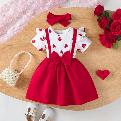 0-3 Year Baby girl Dress Round neck Heart-shaped Printed Bow, Princess Dress+Headband Toddler Baby girl Summer Party Dress