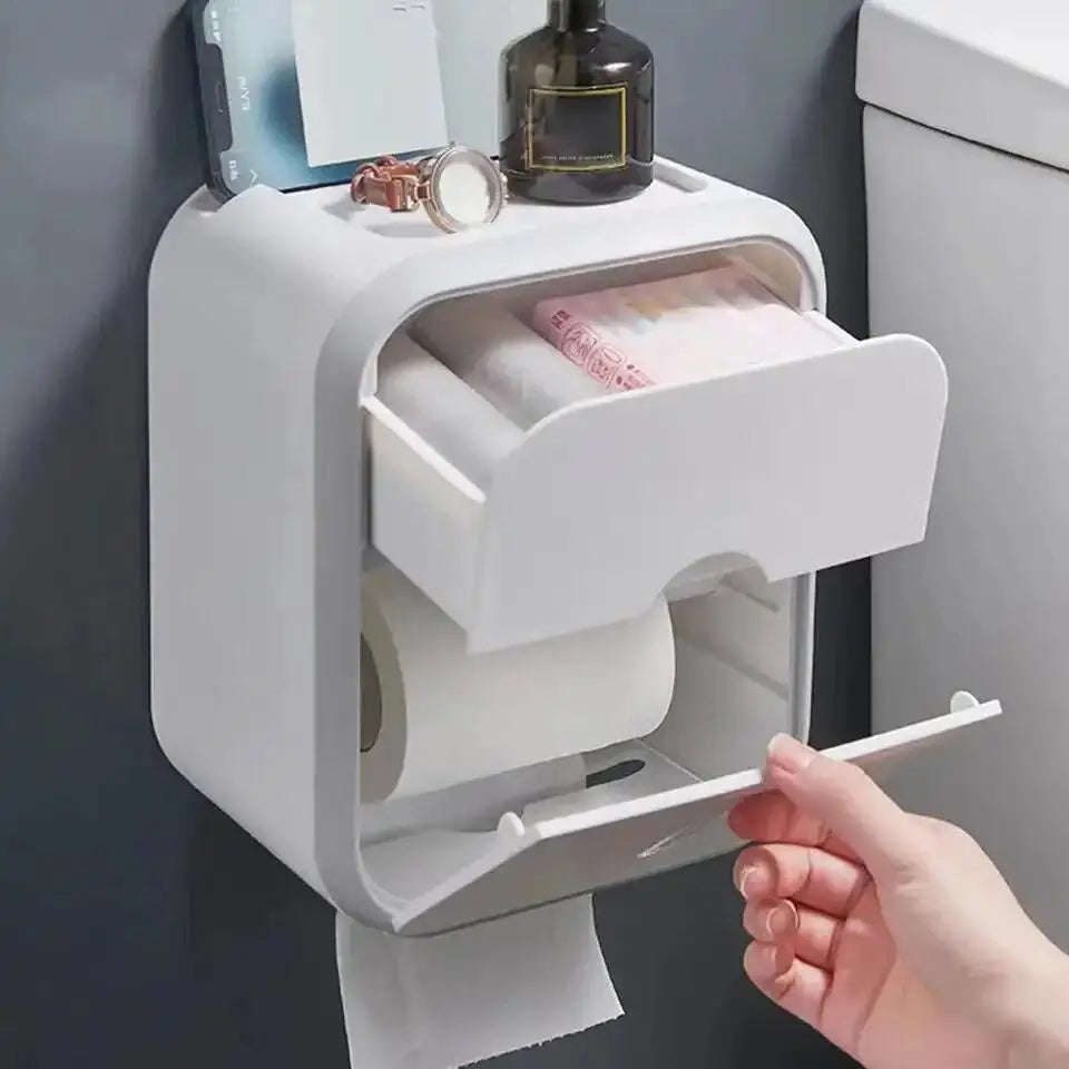 Storage Box Toilet Paper Organizer Waterproof High Capacity Dust-proof Punch-free Wall Mounted Roll Paper Bathroom Home Supplies