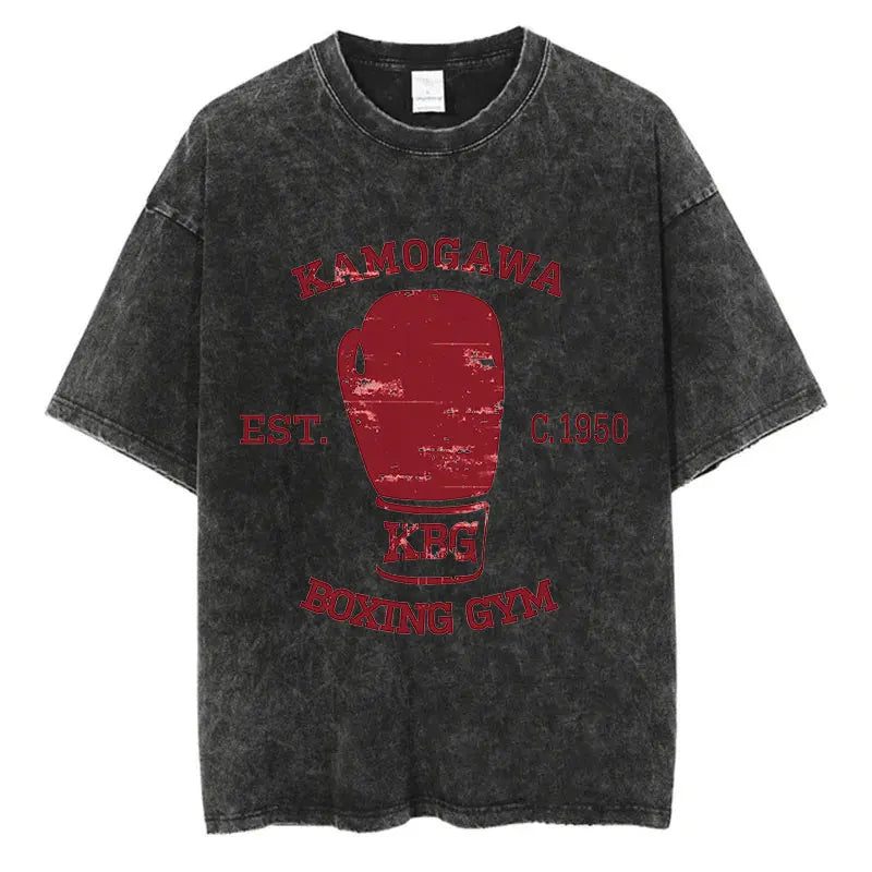 Vintage Cotton Washed T-Shirt Anime Hajime No Ippo Kamogawa Boxing Gym Loose T Shirts Men Women Y2K Hip Hop Summer Top Tee