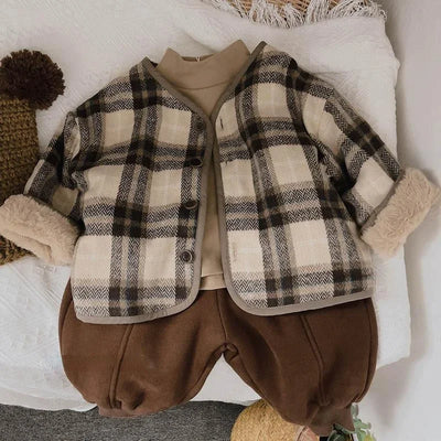 Woolen Plaid Children's Plush Coat Korean Version Autumn and Winter New Boys' and Girls' Coats Loose Baby Cotton Padded Clothes