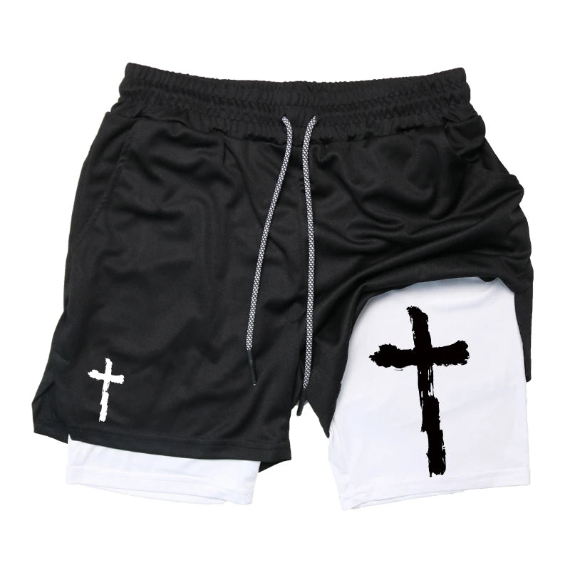 Print 2 in 1 Running Workout Shorts for Men Christian Gym Athletic Performance Shorts with Phone Pocket Towel Loop Activewear