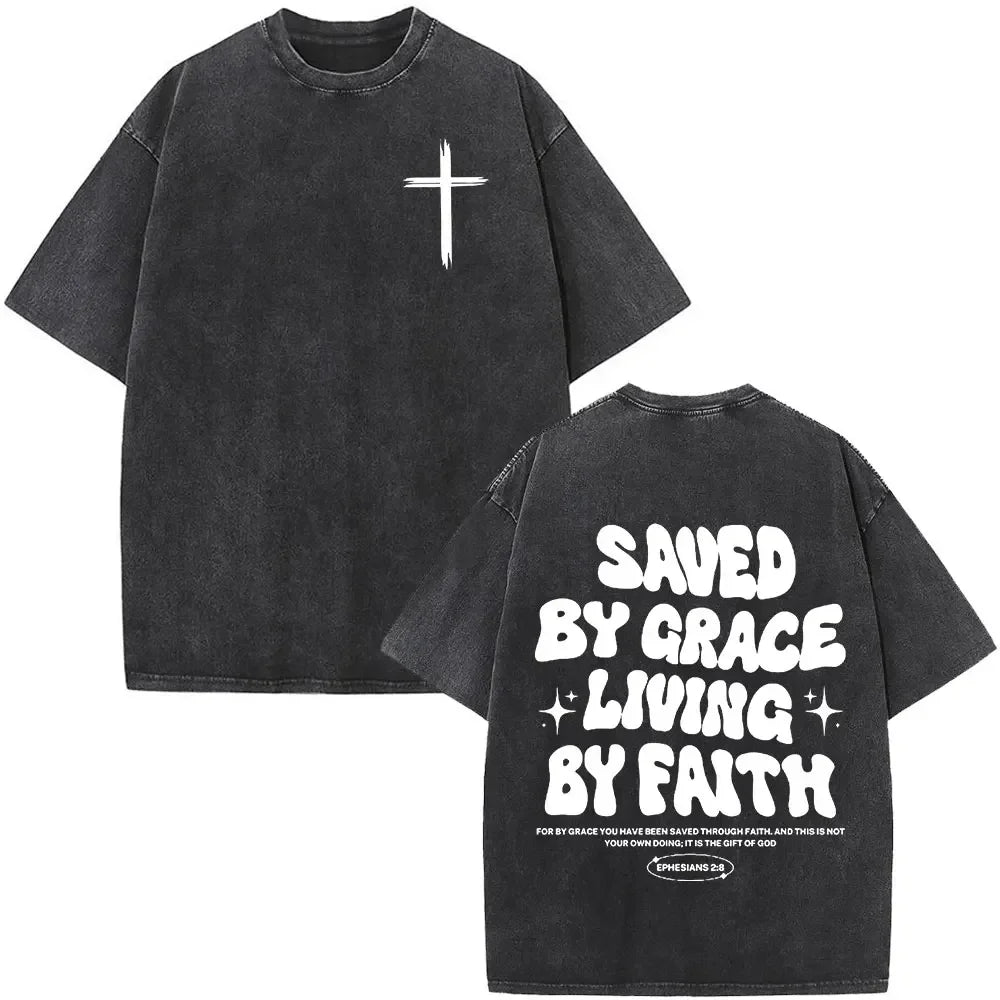Christian Jesus Faith Over Fear Bible Verse Washed T-shirts Men Women Fashion Vintage Oversized T Shirts Harajuku Cotton T-shirt