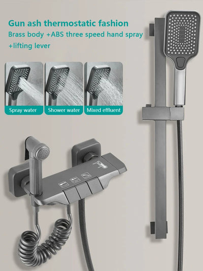 Modern Shower System Full Set Grey 2 Way Piano Keys Bathroom Shower Set Wall Mounted Brass Bathtub Digital Display Shower Faucet