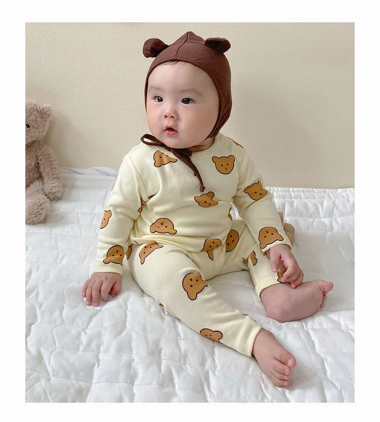 0-3Y High Waist Unisex Baby Pajama Suit Toddler Boys Cute Bear Sleep Wear Infant Pajama Girls Cartoon Print Night Wear