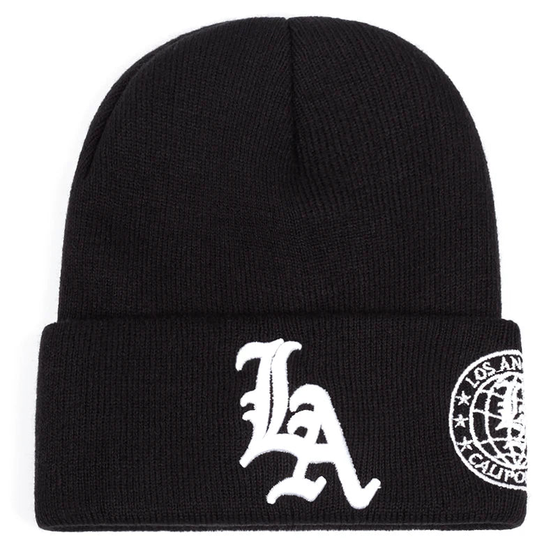 2025 New Men's LA Letter Side Embroidered Earth Knitted Hat Winter Warm Outdoor Sports Hat Soft Bean Hat Women's Casual Wool Hat