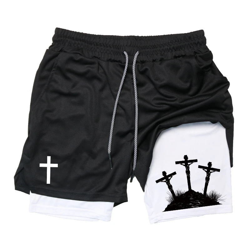 Print 2 in 1 Running Workout Shorts for Men Christian Gym Athletic Performance Shorts with Phone Pocket Towel Loop Activewear