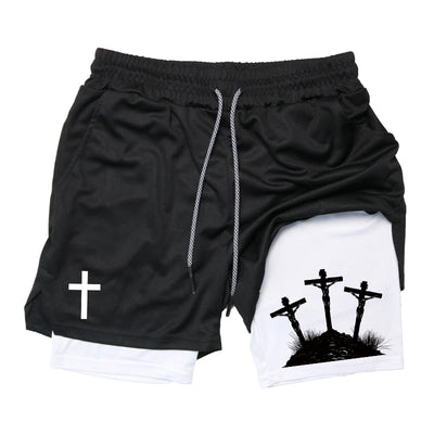 Print 2 in 1 Running Workout Shorts for Men Christian Gym Athletic Performance Shorts with Phone Pocket Towel Loop Activewear