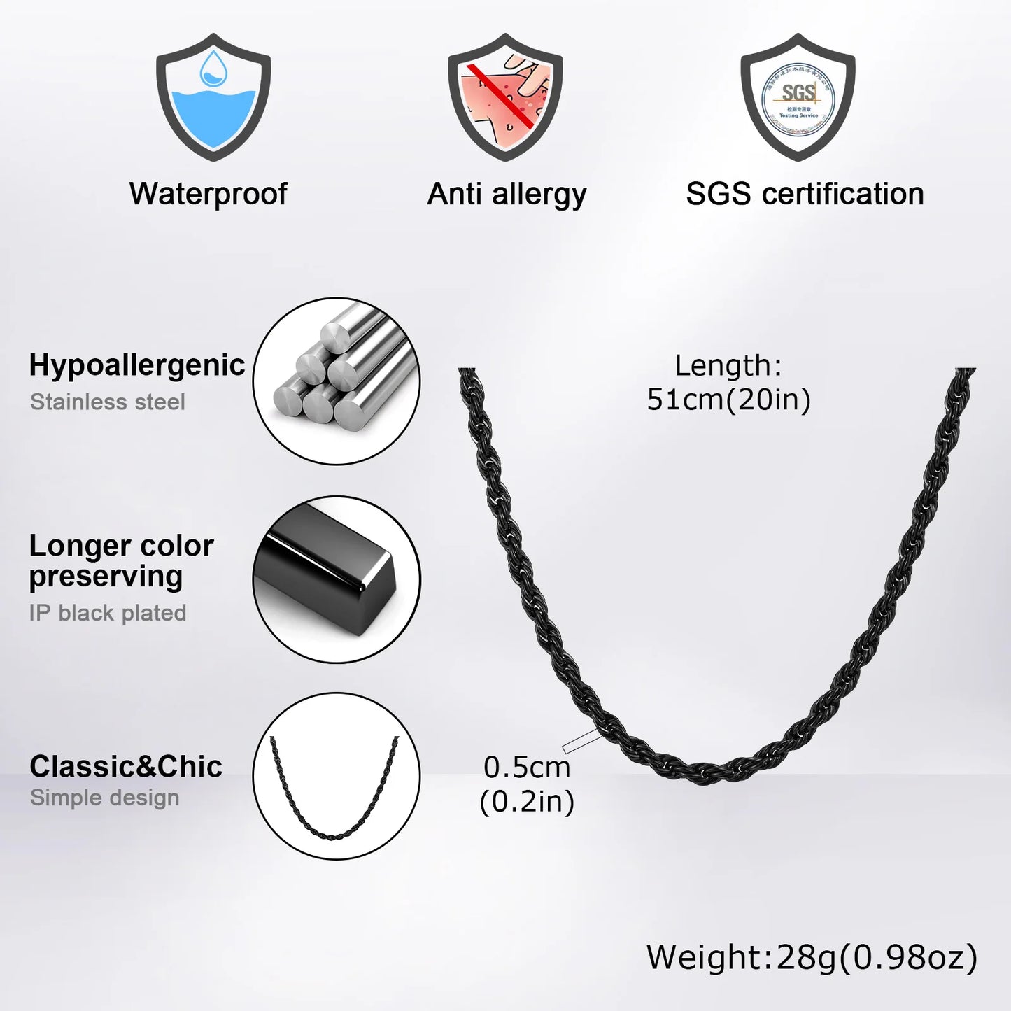 Ropes Long Necklace for Men Women,Stainless Steel Minimalist Twist Rope Chain Necklace,Punk Gold Silver Black Color 2 TO 5mm