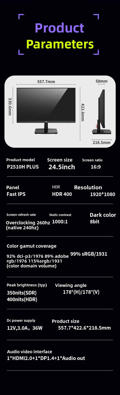 TITAN ARMY 24.5 inch Fast IPS Gaming Monitor 260Hz Hardware Low Blue Light HDR Wide Color Gamut Native 240Hz Display