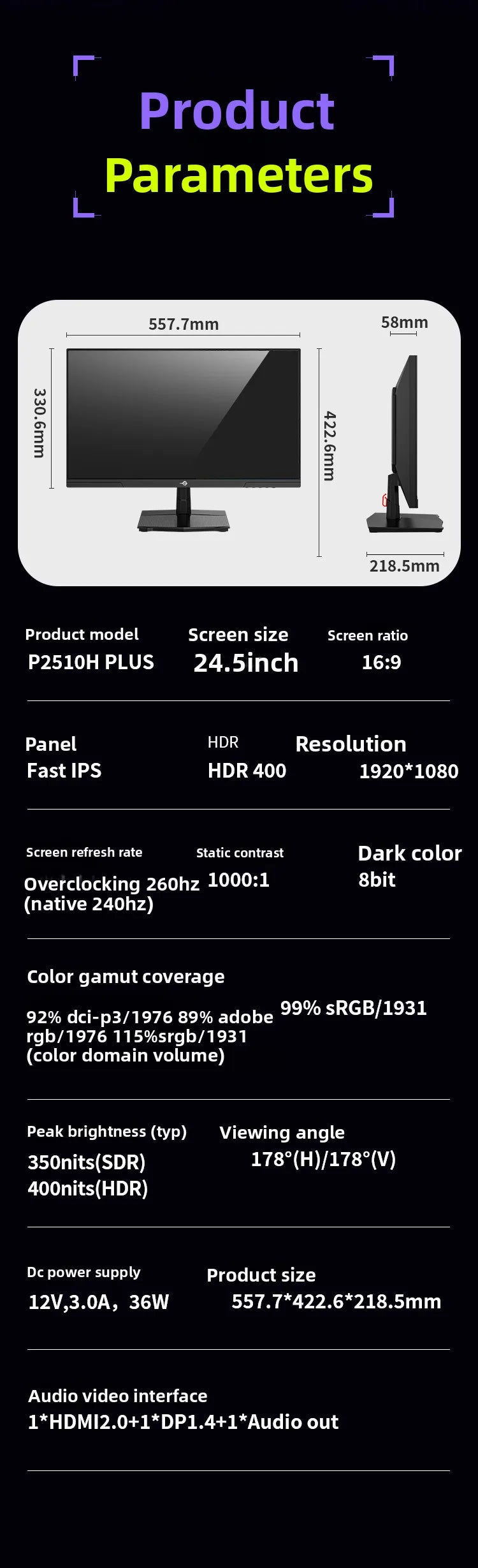 TITAN ARMY 24.5 inch Fast IPS Gaming Monitor 260Hz Hardware Low Blue Light HDR Wide Color Gamut Native 240Hz Display