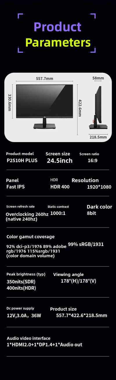 TITAN ARMY 24.5 inch Fast IPS Gaming Monitor 260Hz Hardware Low Blue Light HDR Wide Color Gamut Native 240Hz Display