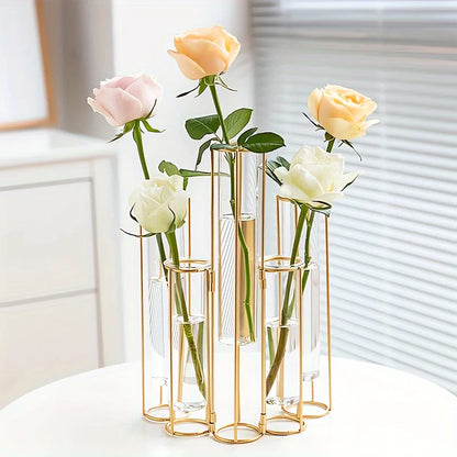 Test Tube Vase with 5 Test Tubes, Gold Vase for Centerpiece, Gold Vase with Metal Stand, Glass Vase for Wedding Home Decoration