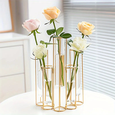 Test Tube Vase with 5 Test Tubes, Gold Vase for Centerpiece, Gold Vase with Metal Stand, Glass Vase for Wedding Home Decoration
