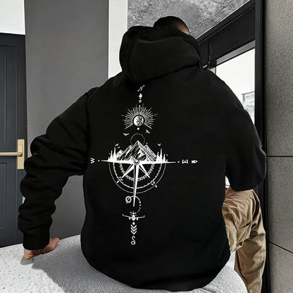Vintage Compass Print Hoodies for Men High Quality Hooded Long Sleeve Pullover All Season Daily Casual Sports Tops Men's Clothes