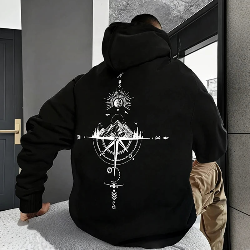 Vintage Compass Print Hoodies for Men High Quality Hooded Long Sleeve Pullover All Season Daily Casual Sports Tops Men's Clothes