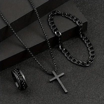 3pcs Set Men's Stainless Steel Metal Cross Pendant Chain Necklace Bracelet Ring Jewelry Set Male Hip Hop Daily Wear Accessories