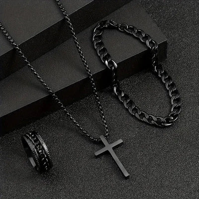 3pcs Set Men's Stainless Steel Metal Cross Pendant Chain Necklace Bracelet Ring Jewelry Set Male Hip Hop Daily Wear Accessories