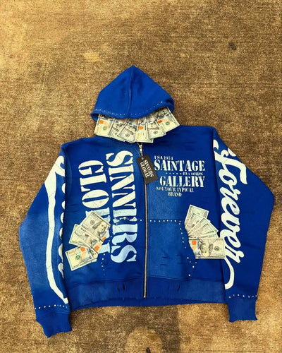 Casual Fashion Harajuku Letter Print Oversized Zipper Hoodie Men Y2K 2025 New American Hip-hop Rock Retro Loose Sweatshirt Women