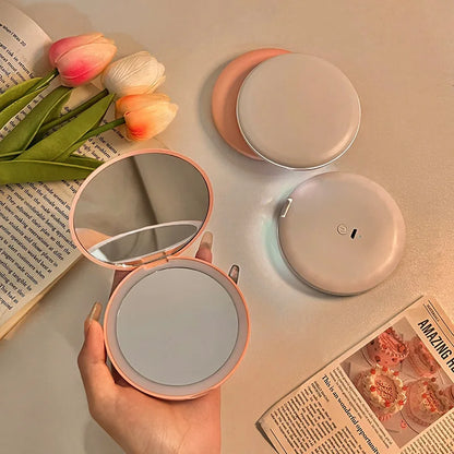 Makeup mirror portable portable small mirror with light led makeup mirror pocket mini handheld luminous folding round mirror