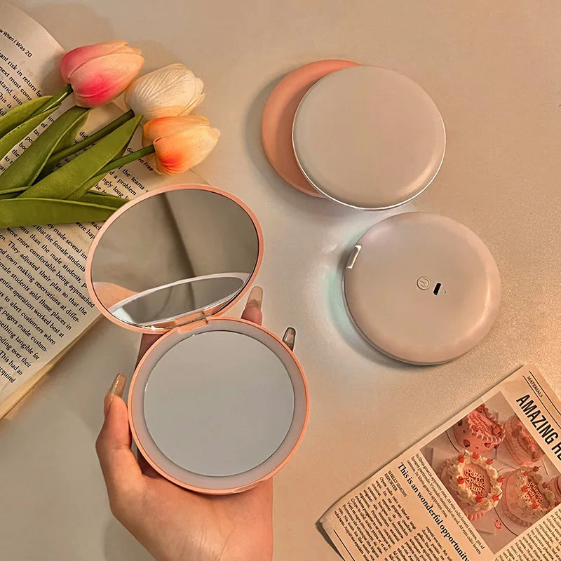 Makeup mirror portable portable small mirror with light led makeup mirror pocket mini handheld luminous folding round mirror
