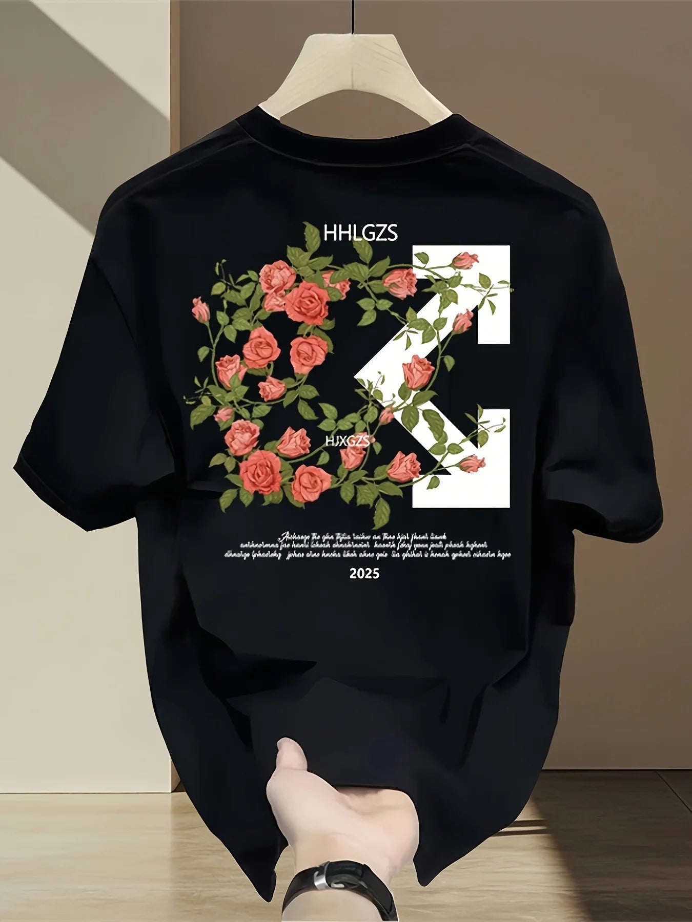 Cotton Graphic Tee 100 Cotton Men's Graphic T Shirt Heavyweight Black Geometric Floral Print with Pink Roses Green Leaves