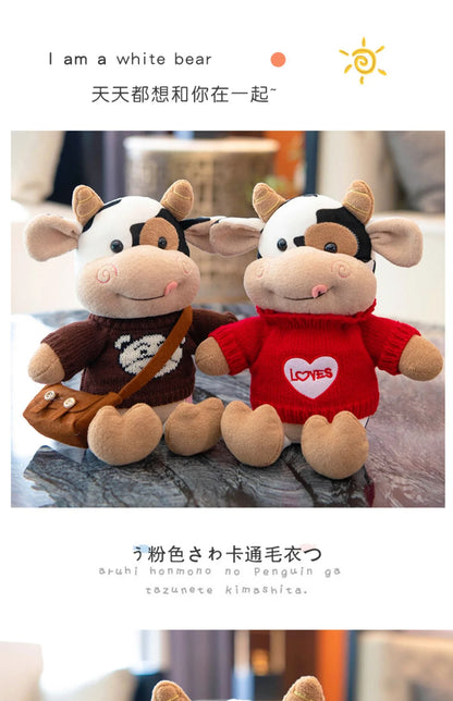 26CM Simulation Cattle Animals Plush Toys Cartoon Milk Cow Plush Doll Soft Stuffed Sweater Cow Pillow Home Decoration Toy