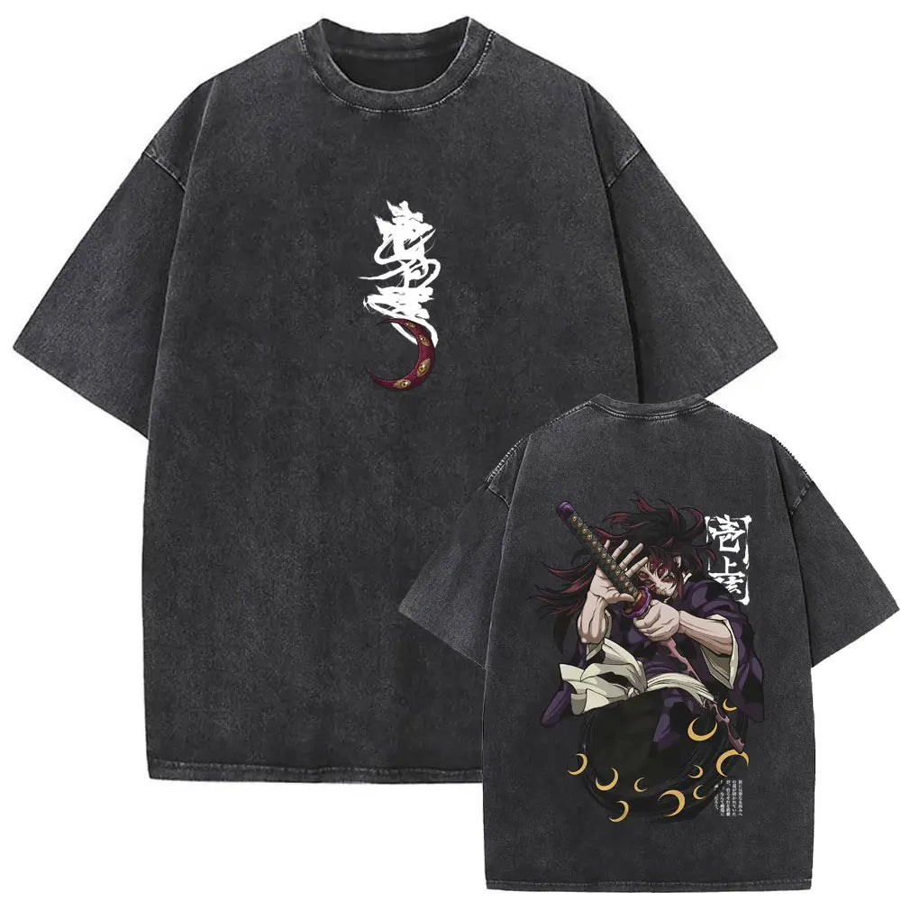 Washed Vintage Anime Demon Slayer Akaza Butterfly Eyes Graphic T Shirts Men Women Cartoon Manga Merch T-shirt Male Cotton Tshirt