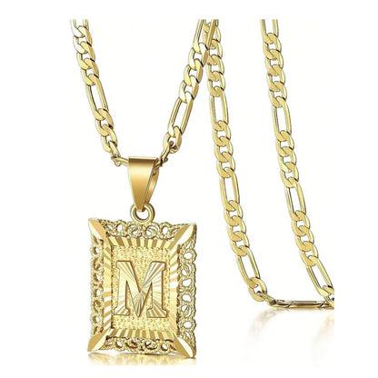 Initial Necklace Square Letter Pendant Necklace Capital Monogram Necklace Alhpabets From A-Z Figaro Chain Necklace