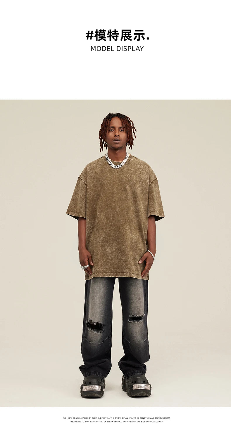 Customized logo T-shirt, handmade image oversized T-shirt, heavy washed retro T-shirt, hip-hop style casual wear, 100% pure cott