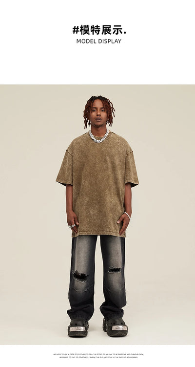 Customized logo T-shirt, handmade image oversized T-shirt, heavy washed retro T-shirt, hip-hop style casual wear, 100% pure cott