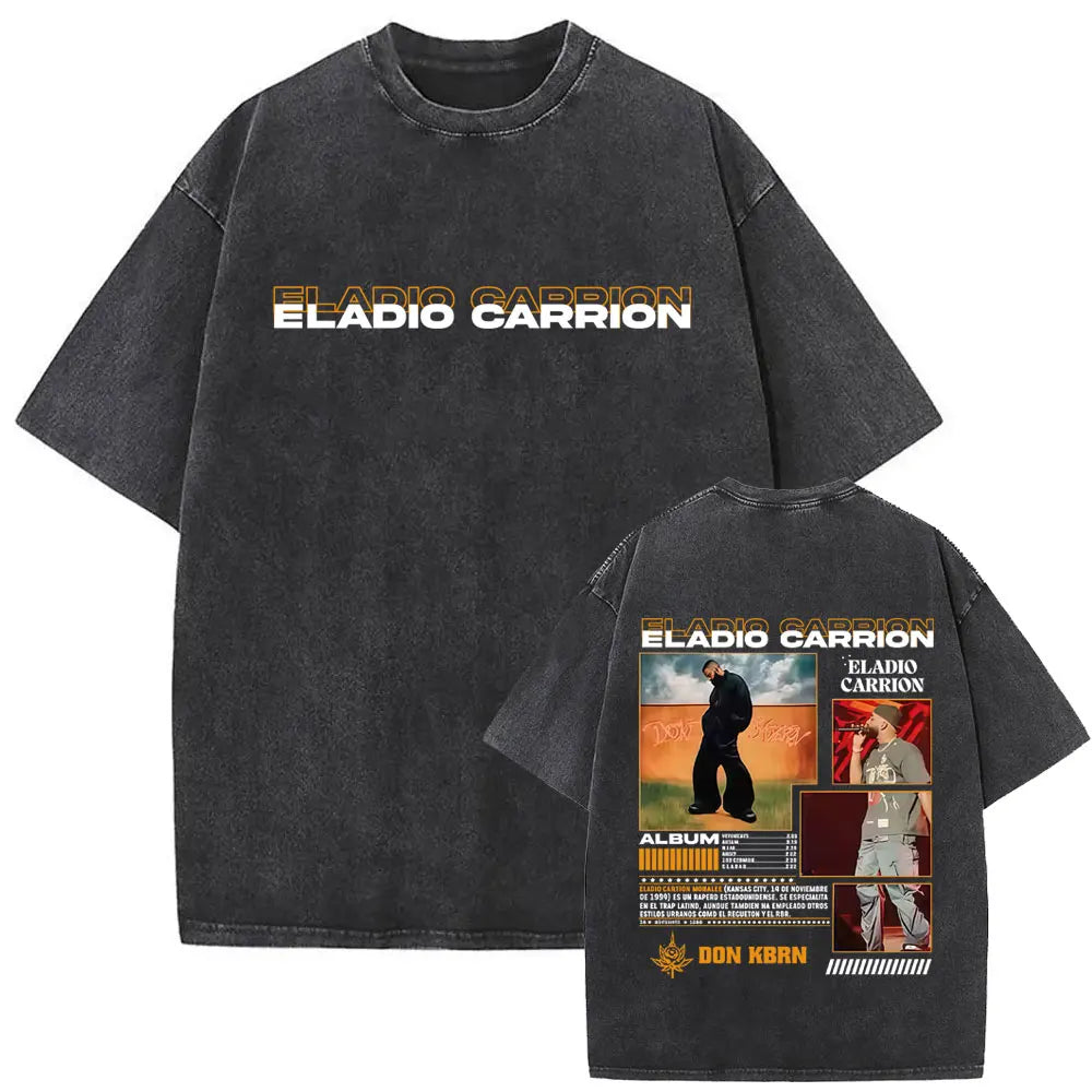 Limited Rapper Eladio Carrion Album Cover Washed Vintage T-shirt Summer Men Women Hip Hop Oversized Street Crewneck T Shirt Tops