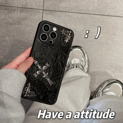 Luxurious Three-dimensional Cross Kroxin PU Leather Printed Grand Phone Case for iPhone 16 15 14 Plus 13Pro Max Protective Cover