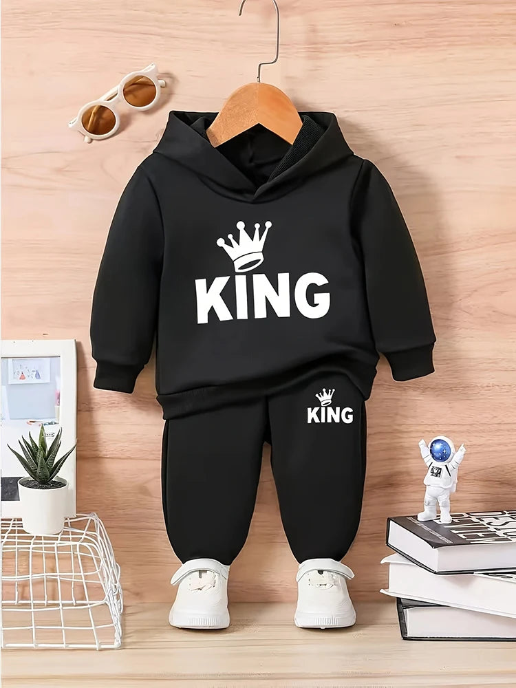 Baby Boy KING Crown Pattern Fleece Hoodie+Casual Pants Two Piece Set Spring and Autumn Sportswear