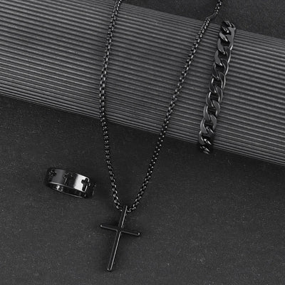 3pcs Set Men's Stainless Steel Metal Cross Pendant Chain Necklace Bracelet Ring Jewelry Set Male Hip Hop Daily Wear Accessories
