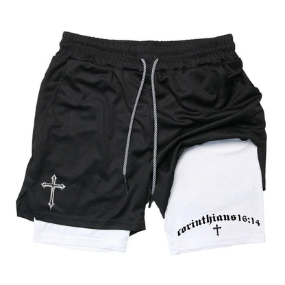 Men's BiBible patterned two-in-one sports shorts Christian fitness training mobile phone pocket running