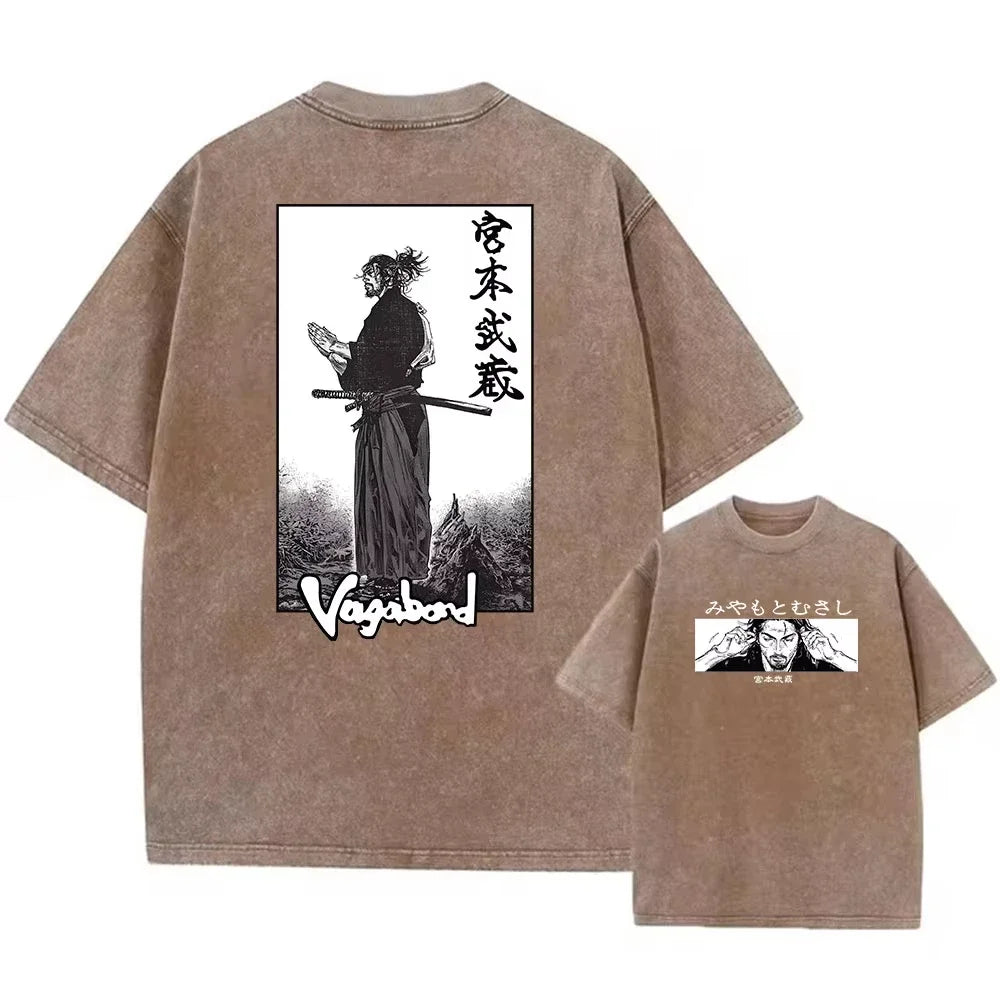 2025 Men Streetwear Anime Vagabond Graphic Print Vintage Harajuku Washed Black T Shirt Men Summer Casual Cotton Loose Top Tee
