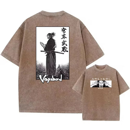 2025 Men Streetwear Anime Vagabond Graphic Print Vintage Harajuku Washed Black T Shirt Men Summer Casual Cotton Loose Top Tee