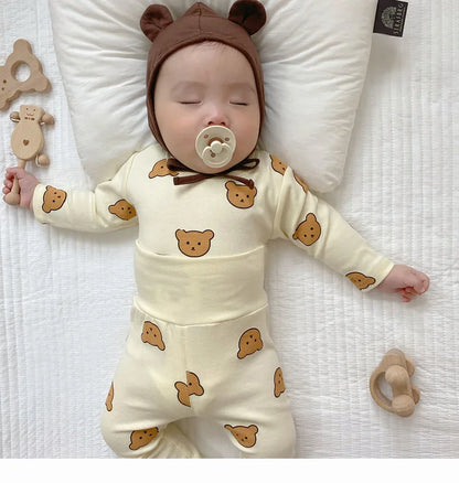 0-3Y High Waist Unisex Baby Pajama Suit Toddler Boys Cute Bear Sleep Wear Infant Pajama Girls Cartoon Print Night Wear