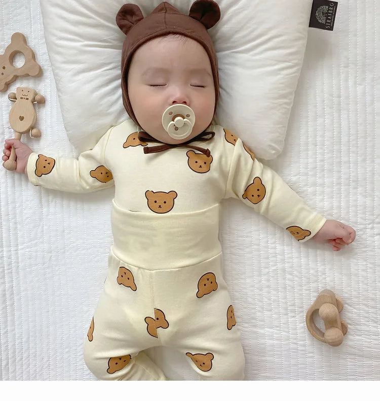 0-3Y High Waist Unisex Baby Pajama Suit Toddler Boys Cute Bear Sleep Wear Infant Pajama Girls Cartoon Print Night Wear