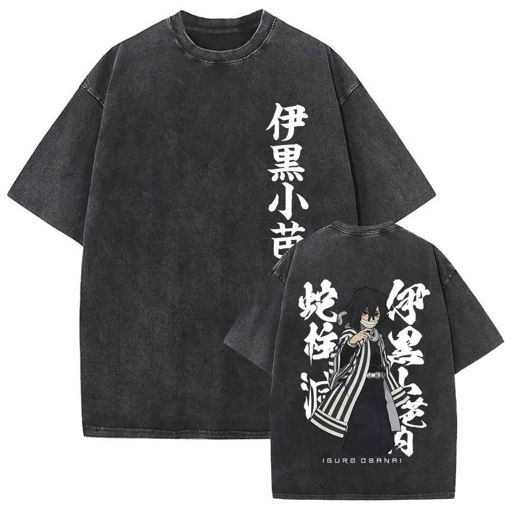 Washed Vintage Anime Demon Slayer Akaza Butterfly Eyes Graphic T Shirts Men Women Cartoon Manga Merch T-shirt Male Cotton Tshirt