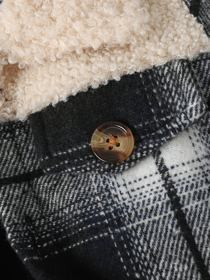 Baby boy fashionable and simple long sleeved plaid patchwork plush jacket for autumn and winter