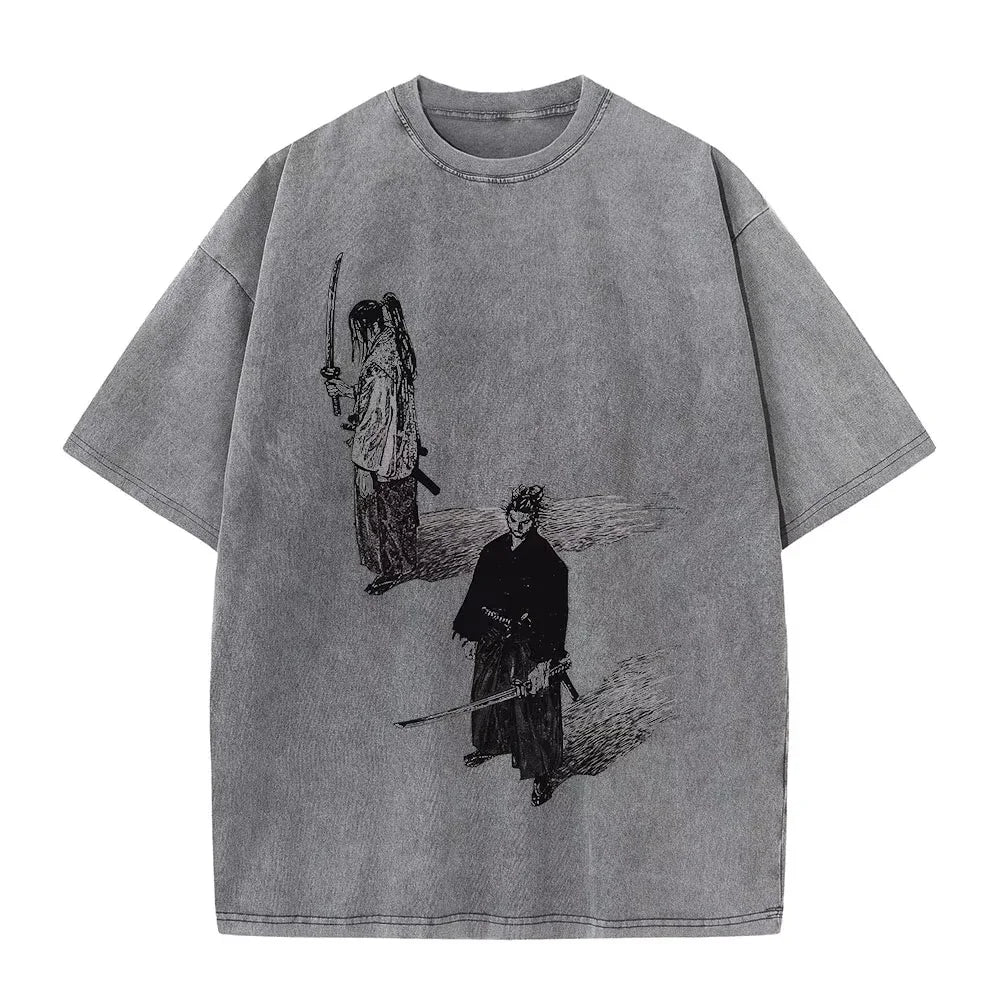 2025 Men Streetwear Anime Vagabond Graphic Print Vintage Harajuku Washed Black T Shirt Men Summer Casual Cotton Loose Top Tee