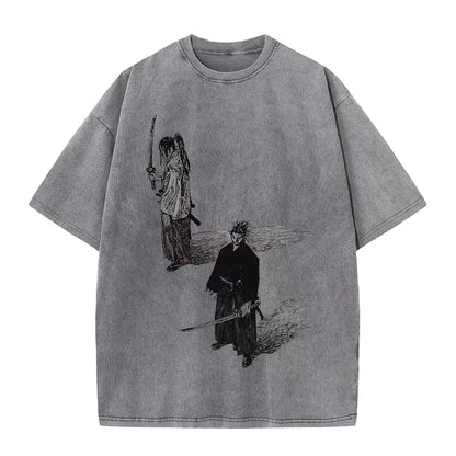 2025 Men Streetwear Anime Vagabond Graphic Print Vintage Harajuku Washed Black T Shirt Men Summer Casual Cotton Loose Top Tee